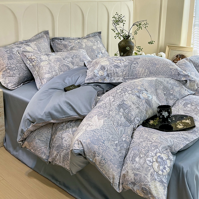 91家纺网 家纺一手货源 找家纺 悦织湾家纺 2025爆款上新【全棉60S长绒棉】100%全棉60S长绒棉四件套纯棉印花床上用品34件套轻奢北欧公主风 魅影-蓝