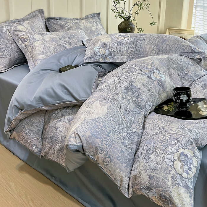 91家纺网 家纺一手货源 找家纺 悦织湾家纺 2025爆款上新【全棉60S长绒棉】100%全棉60S长绒棉四件套纯棉印花床上用品34件套轻奢北欧公主风 魅影-蓝