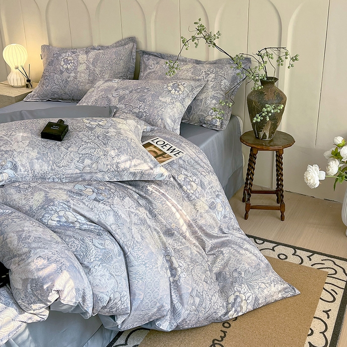 91家纺网 家纺一手货源 找家纺 悦织湾家纺 2025爆款上新【全棉60S长绒棉】100%全棉60S长绒棉四件套纯棉印花床上用品34件套轻奢北欧公主风 魅影-蓝