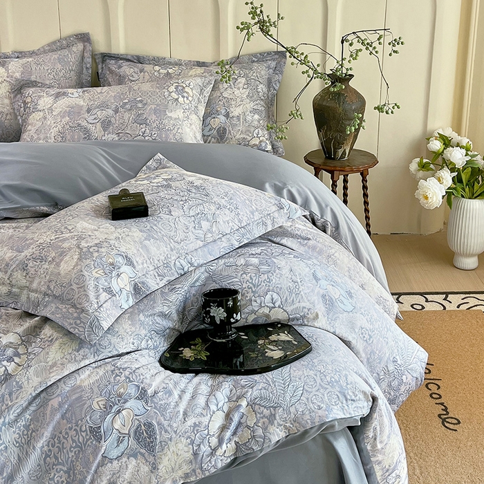 91家纺网 家纺一手货源 找家纺 悦织湾家纺 2025爆款上新【全棉60S长绒棉】100%全棉60S长绒棉四件套纯棉印花床上用品34件套轻奢北欧公主风 魅影-蓝