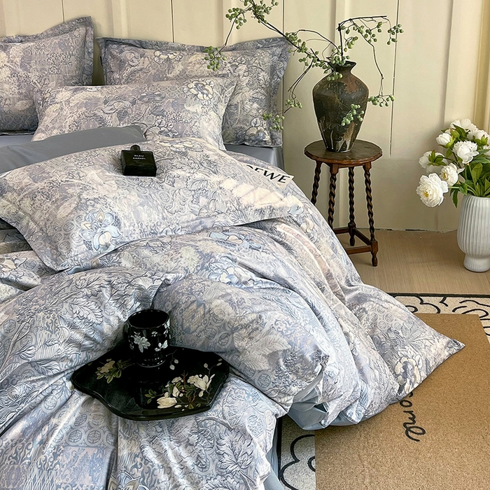 91家纺网 家纺一手货源 找家纺 悦织湾家纺 2025爆款上新【全棉60S长绒棉】100%全棉60S长绒棉四件套纯棉印花床上用品34件套轻奢北欧公主风 魅影-蓝