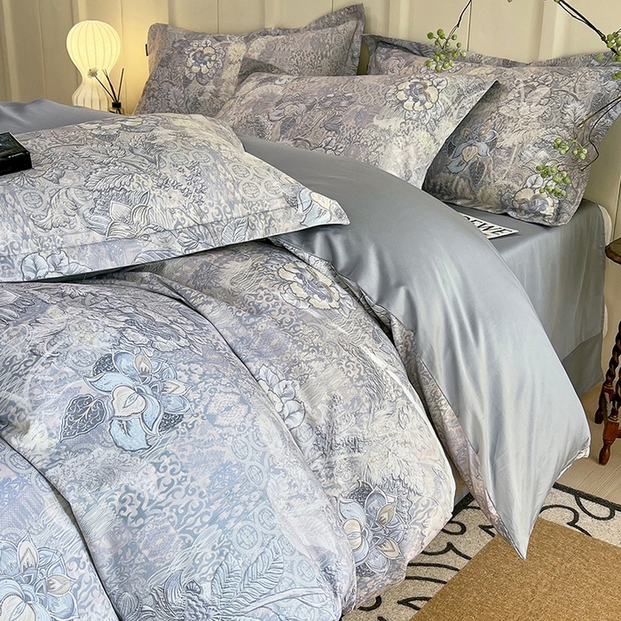 91家纺网 家纺一手货源 找家纺 悦织湾家纺 2025爆款上新【全棉60S长绒棉】100%全棉60S长绒棉四件套纯棉印花床上用品34件套轻奢北欧公主风 魅影-蓝