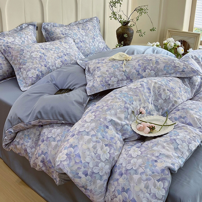 91家纺网 家纺一手货源 找家纺 悦织湾家纺 2025爆款上新【全棉60S长绒棉】100%全棉60S长绒棉四件套纯棉印花床上用品34件套轻奢北欧公主风 花雅蓝