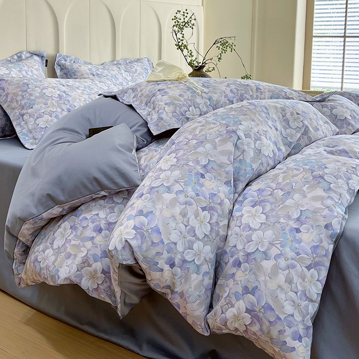 91家纺网 家纺一手货源 找家纺 悦织湾家纺 2025爆款上新【全棉60S长绒棉】100%全棉60S长绒棉四件套纯棉印花床上用品34件套轻奢北欧公主风 花雅蓝