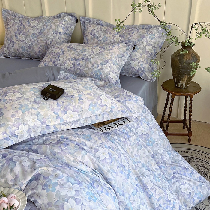 91家纺网 家纺一手货源 找家纺 悦织湾家纺 2025爆款上新【全棉60S长绒棉】100%全棉60S长绒棉四件套纯棉印花床上用品34件套轻奢北欧公主风 花雅蓝