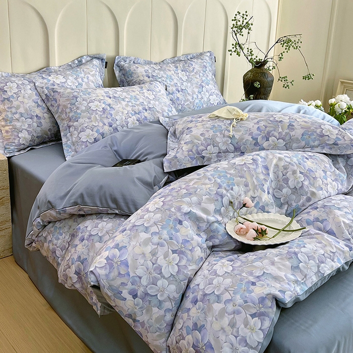 91家纺网 家纺一手货源 找家纺 悦织湾家纺 2025爆款上新【全棉60S长绒棉】100%全棉60S长绒棉四件套纯棉印花床上用品34件套轻奢北欧公主风 花雅蓝