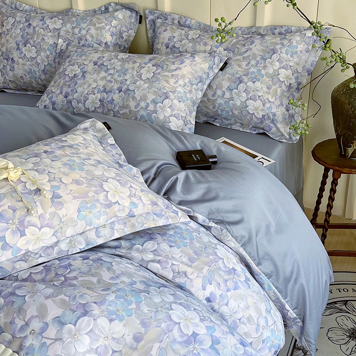 91家纺网 家纺一手货源 找家纺 悦织湾家纺 2025爆款上新【全棉60S长绒棉】100%全棉60S长绒棉四件套纯棉印花床上用品34件套轻奢北欧公主风 花雅蓝