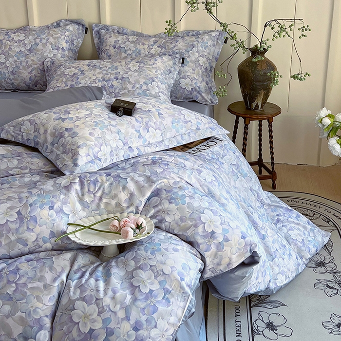 91家纺网 家纺一手货源 找家纺 悦织湾家纺 2025爆款上新【全棉60S长绒棉】100%全棉60S长绒棉四件套纯棉印花床上用品34件套轻奢北欧公主风 花雅蓝