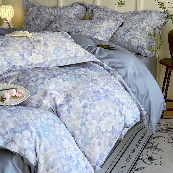 91家纺网 家纺一手货源 找家纺 悦织湾家纺 2025爆款上新【全棉60S长绒棉】100%全棉60S长绒棉四件套纯棉印花床上用品34件套轻奢北欧公主风 花雅蓝