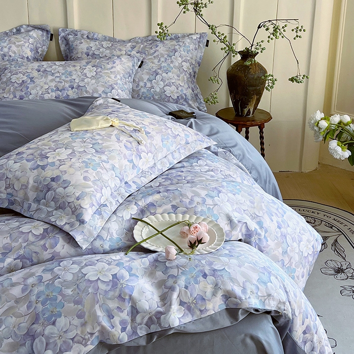 91家纺网 家纺一手货源 找家纺 悦织湾家纺 2025爆款上新【全棉60S长绒棉】100%全棉60S长绒棉四件套纯棉印花床上用品34件套轻奢北欧公主风 花雅蓝