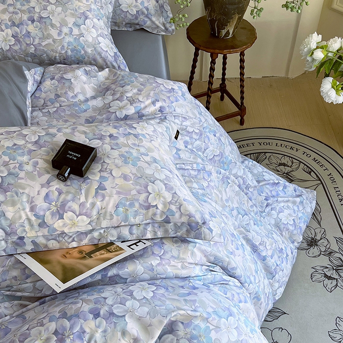 91家纺网 家纺一手货源 找家纺 悦织湾家纺 2025爆款上新【全棉60S长绒棉】100%全棉60S长绒棉四件套纯棉印花床上用品34件套轻奢北欧公主风 花雅蓝