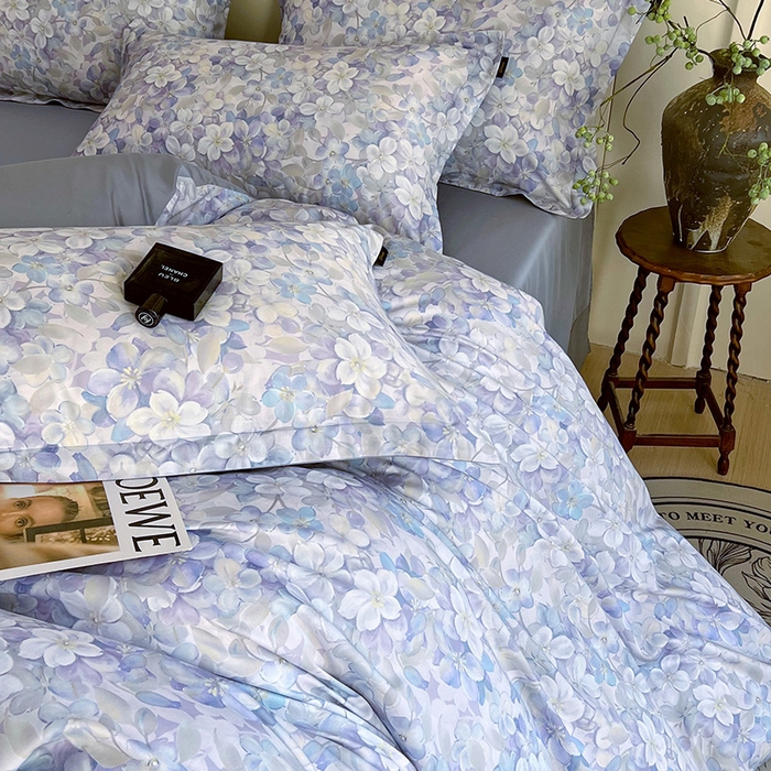 91家纺网 家纺一手货源 找家纺 悦织湾家纺 2025爆款上新【全棉60S长绒棉】100%全棉60S长绒棉四件套纯棉印花床上用品34件套轻奢北欧公主风 花雅蓝