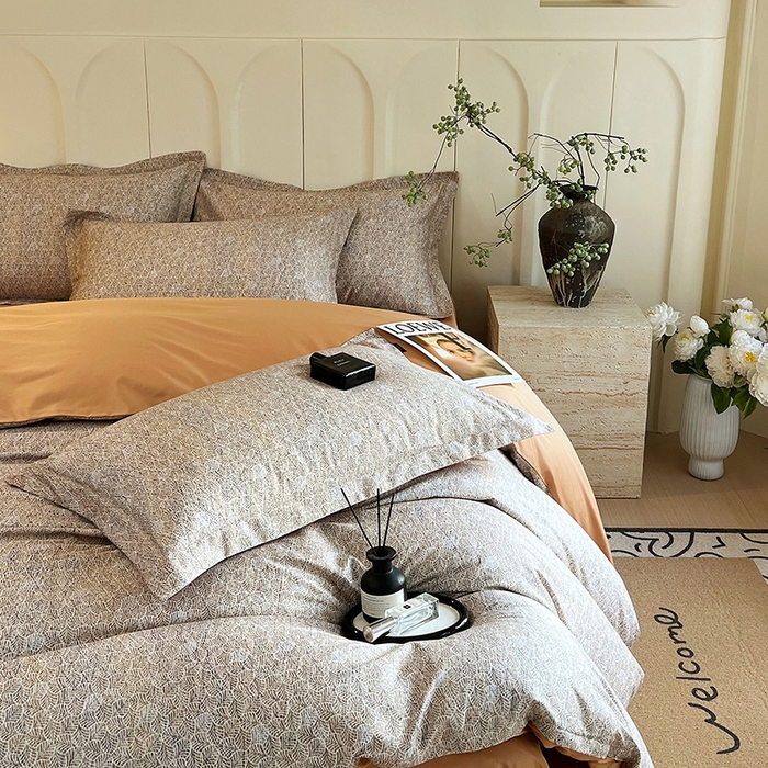 91家纺网 家纺一手货源 找家纺 悦织湾家纺 2025爆款上新【全棉60S长绒棉】100%全棉60S长绒棉四件套纯棉印花床上用品34件套轻奢北欧公主风 沐雁-咖