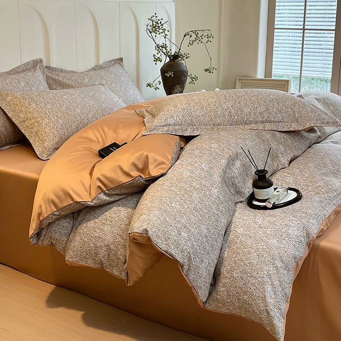 91家纺网 家纺一手货源 找家纺 悦织湾家纺 2025爆款上新【全棉60S长绒棉】100%全棉60S长绒棉四件套纯棉印花床上用品34件套轻奢北欧公主风 沐雁-咖