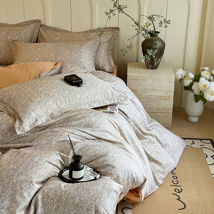 91家纺网 家纺一手货源 找家纺 悦织湾家纺 2025爆款上新【全棉60S长绒棉】100%全棉60S长绒棉四件套纯棉印花床上用品34件套轻奢北欧公主风 沐雁-咖