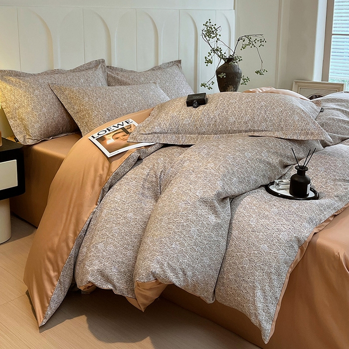 91家纺网 家纺一手货源 找家纺 悦织湾家纺 2025爆款上新【全棉60S长绒棉】100%全棉60S长绒棉四件套纯棉印花床上用品34件套轻奢北欧公主风 沐雁-咖