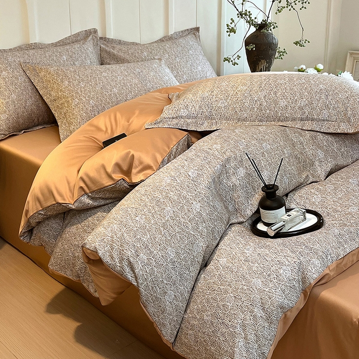 91家纺网 家纺一手货源 找家纺 悦织湾家纺 2025爆款上新【全棉60S长绒棉】100%全棉60S长绒棉四件套纯棉印花床上用品34件套轻奢北欧公主风 沐雁-咖