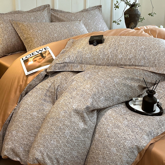 91家纺网 家纺一手货源 找家纺 悦织湾家纺 2025爆款上新【全棉60S长绒棉】100%全棉60S长绒棉四件套纯棉印花床上用品34件套轻奢北欧公主风 沐雁-咖