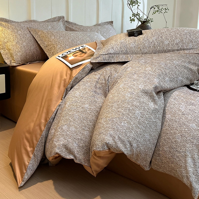 91家纺网 家纺一手货源 找家纺 悦织湾家纺 2025爆款上新【全棉60S长绒棉】100%全棉60S长绒棉四件套纯棉印花床上用品34件套轻奢北欧公主风 沐雁-咖