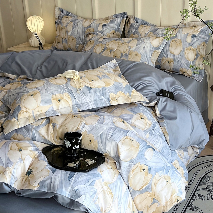 91家纺网 家纺一手货源 找家纺 悦织湾家纺 2025爆款上新【全棉60S长绒棉】100%全棉60S长绒棉四件套纯棉印花床上用品34件套轻奢北欧公主风 百莱拉-蓝