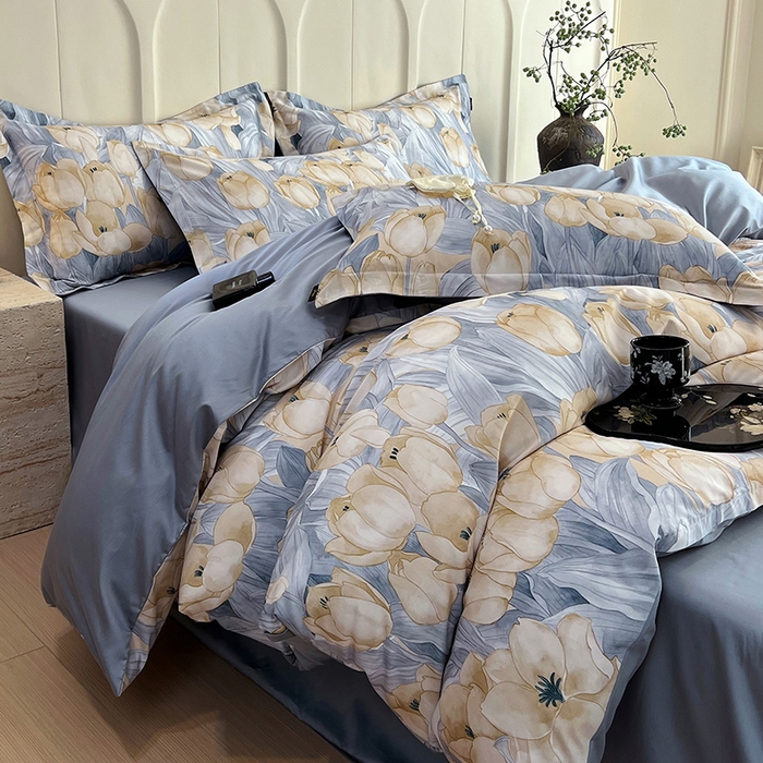 91家纺网 家纺一手货源 找家纺 悦织湾家纺 2025爆款上新【全棉60S长绒棉】100%全棉60S长绒棉四件套纯棉印花床上用品34件套轻奢北欧公主风 百莱拉-蓝