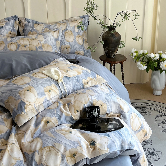 91家纺网 家纺一手货源 找家纺 悦织湾家纺 2025爆款上新【全棉60S长绒棉】100%全棉60S长绒棉四件套纯棉印花床上用品34件套轻奢北欧公主风 百莱拉-蓝