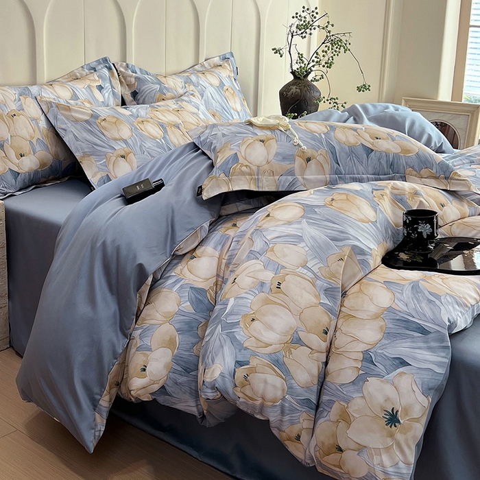 91家纺网 家纺一手货源 找家纺 悦织湾家纺 2025爆款上新【全棉60S长绒棉】100%全棉60S长绒棉四件套纯棉印花床上用品34件套轻奢北欧公主风 百莱拉-蓝