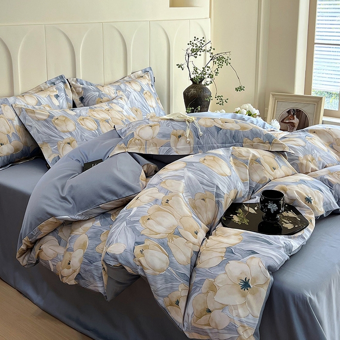 91家纺网 家纺一手货源 找家纺 悦织湾家纺 2025爆款上新【全棉60S长绒棉】100%全棉60S长绒棉四件套纯棉印花床上用品34件套轻奢北欧公主风 百莱拉-蓝