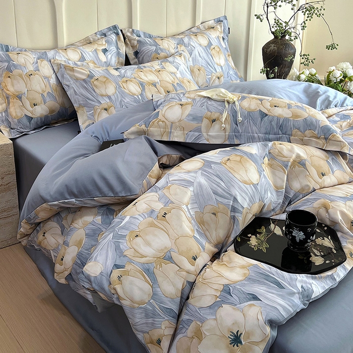 91家纺网 家纺一手货源 找家纺 悦织湾家纺 2025爆款上新【全棉60S长绒棉】100%全棉60S长绒棉四件套纯棉印花床上用品34件套轻奢北欧公主风 百莱拉-蓝