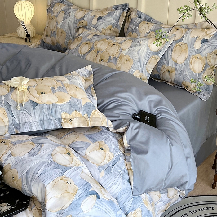 91家纺网 家纺一手货源 找家纺 悦织湾家纺 2025爆款上新【全棉60S长绒棉】100%全棉60S长绒棉四件套纯棉印花床上用品34件套轻奢北欧公主风 百莱拉-蓝