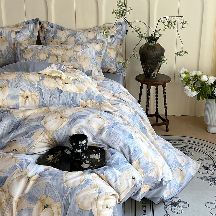 91家纺网 家纺一手货源 找家纺 悦织湾家纺 2025爆款上新【全棉60S长绒棉】100%全棉60S长绒棉四件套纯棉印花床上用品34件套轻奢北欧公主风 百莱拉-蓝