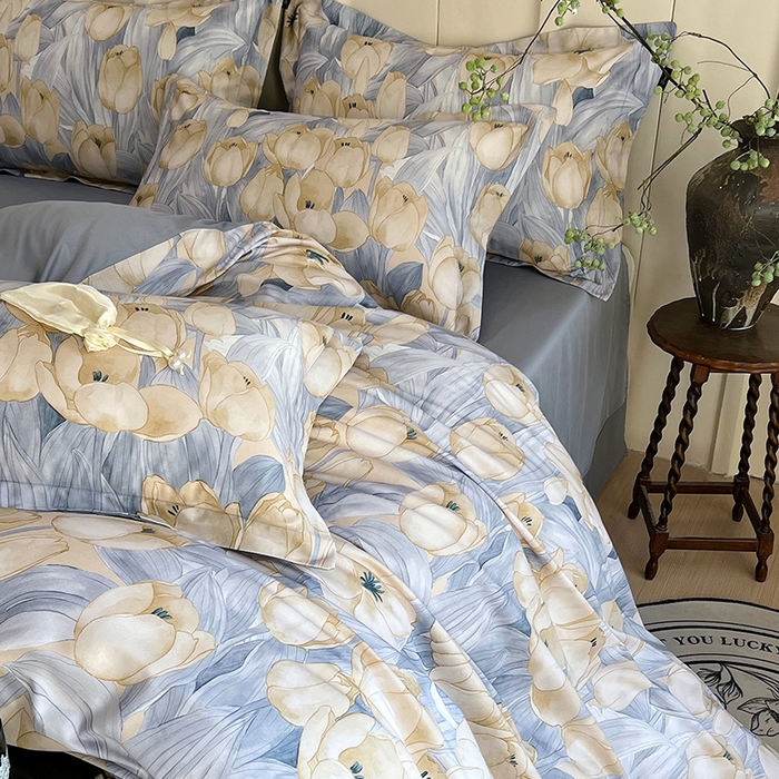 91家纺网 家纺一手货源 找家纺 悦织湾家纺 2025爆款上新【全棉60S长绒棉】100%全棉60S长绒棉四件套纯棉印花床上用品34件套轻奢北欧公主风 百莱拉-蓝