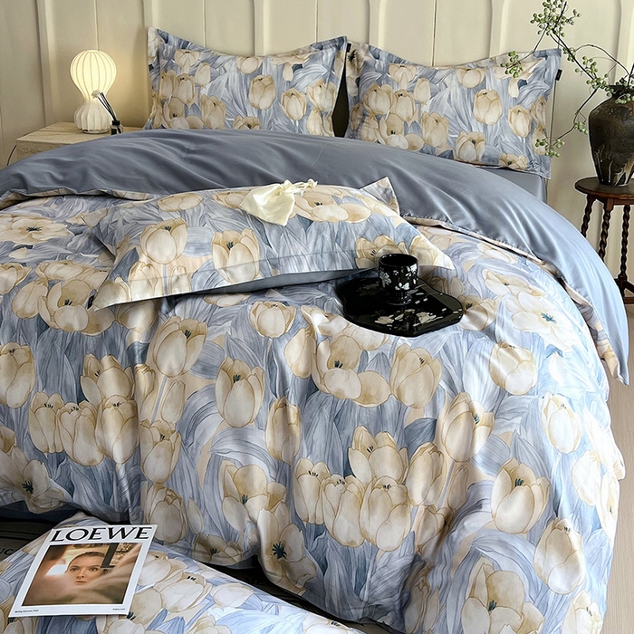 91家纺网 家纺一手货源 找家纺 悦织湾家纺 2025爆款上新【全棉60S长绒棉】100%全棉60S长绒棉四件套纯棉印花床上用品34件套轻奢北欧公主风 百莱拉-蓝