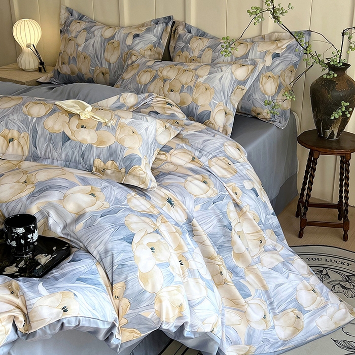 91家纺网 家纺一手货源 找家纺 悦织湾家纺 2025爆款上新【全棉60S长绒棉】100%全棉60S长绒棉四件套纯棉印花床上用品34件套轻奢北欧公主风 百莱拉-蓝