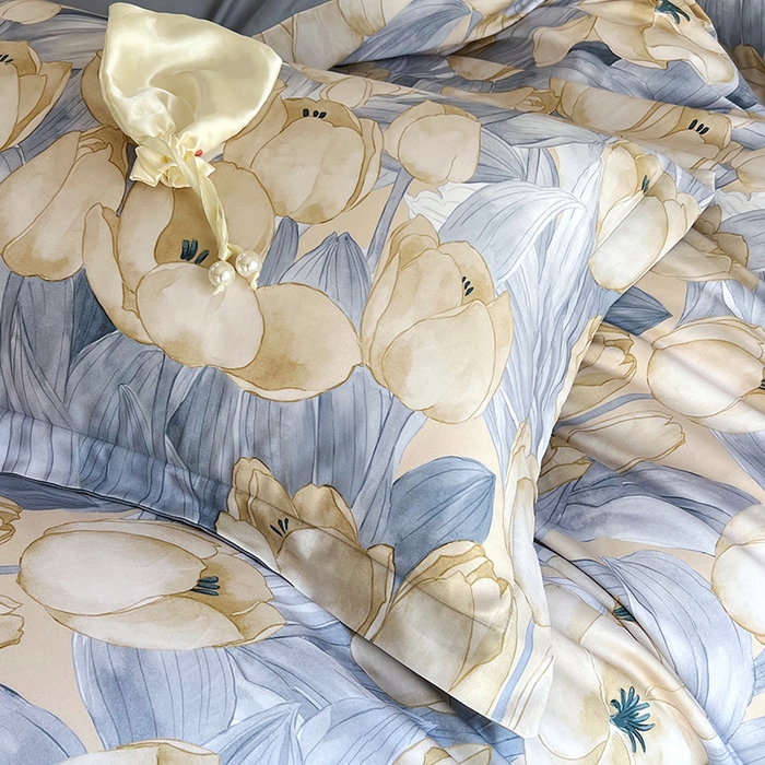 91家纺网 家纺一手货源 找家纺 悦织湾家纺 2025爆款上新【全棉60S长绒棉】100%全棉60S长绒棉四件套纯棉印花床上用品34件套轻奢北欧公主风 百莱拉-蓝