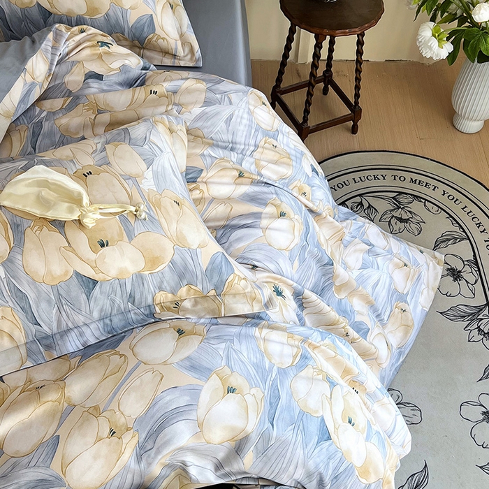 91家纺网 家纺一手货源 找家纺 悦织湾家纺 2025爆款上新【全棉60S长绒棉】100%全棉60S长绒棉四件套纯棉印花床上用品34件套轻奢北欧公主风 百莱拉-蓝