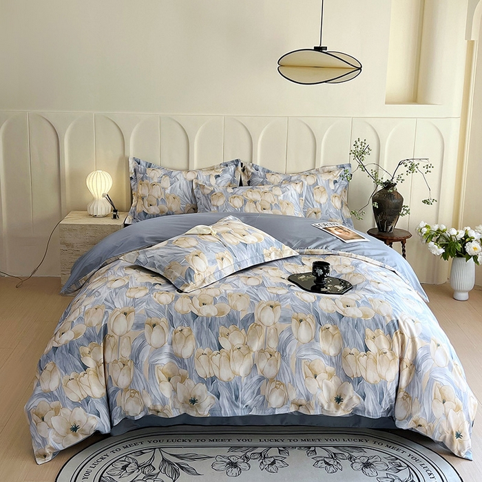 91家纺网 家纺一手货源 找家纺 悦织湾家纺 2025爆款上新【全棉60S长绒棉】100%全棉60S长绒棉四件套纯棉印花床上用品34件套轻奢北欧公主风 百莱拉-蓝