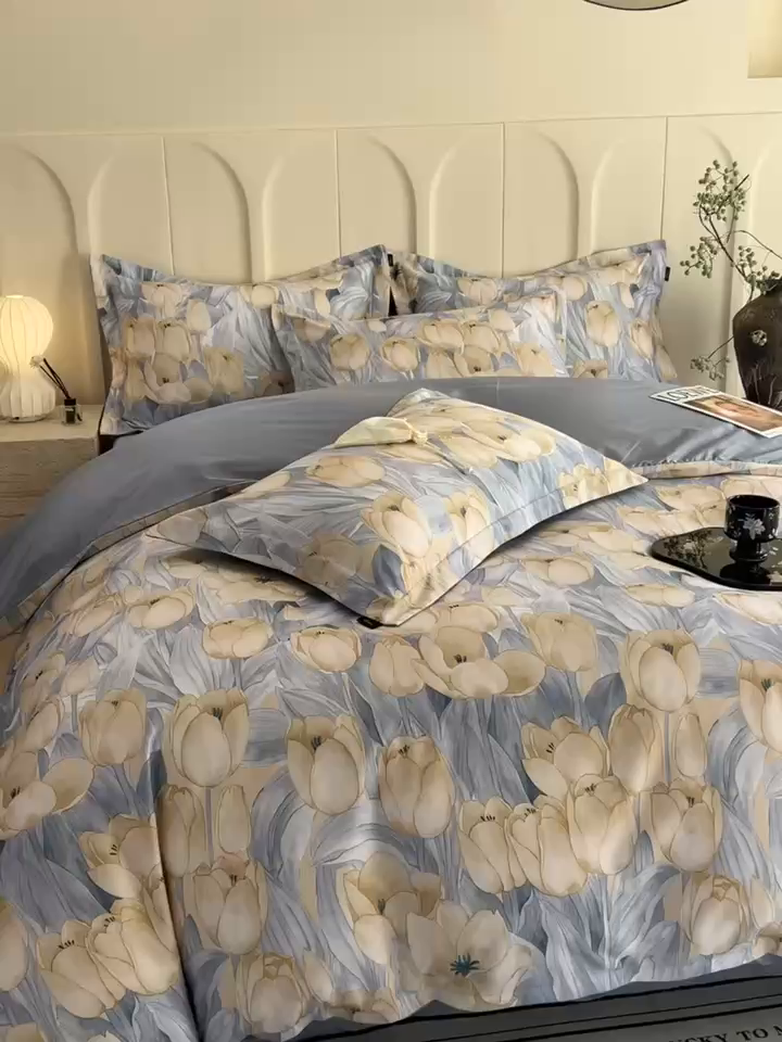 91家纺网 家纺一手货源 找家纺 悦织湾家纺 2025爆款上新【全棉60S长绒棉】100%全棉60S长绒棉四件套纯棉印花床上用品34件套轻奢北欧公主风 百莱拉-蓝