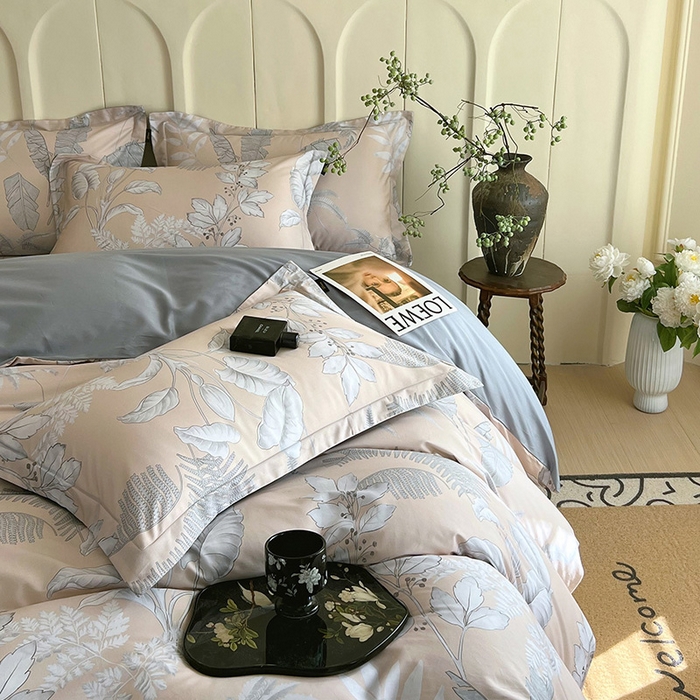 91家纺网 家纺一手货源 找家纺 悦织湾家纺 2025爆款上新【全棉60S长绒棉】100%全棉60S长绒棉四件套纯棉印花床上用品34件套轻奢北欧公主风 风华枝叶-咖