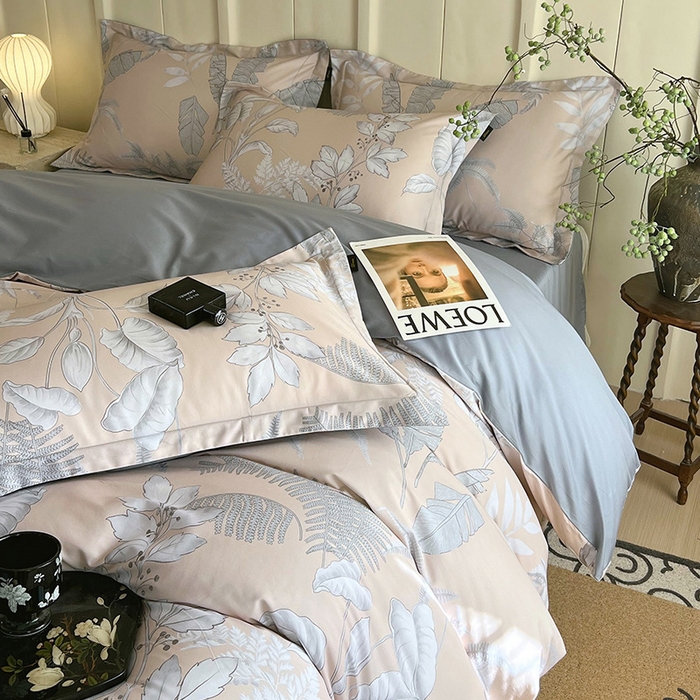 91家纺网 家纺一手货源 找家纺 悦织湾家纺 2025爆款上新【全棉60S长绒棉】100%全棉60S长绒棉四件套纯棉印花床上用品34件套轻奢北欧公主风 风华枝叶-咖