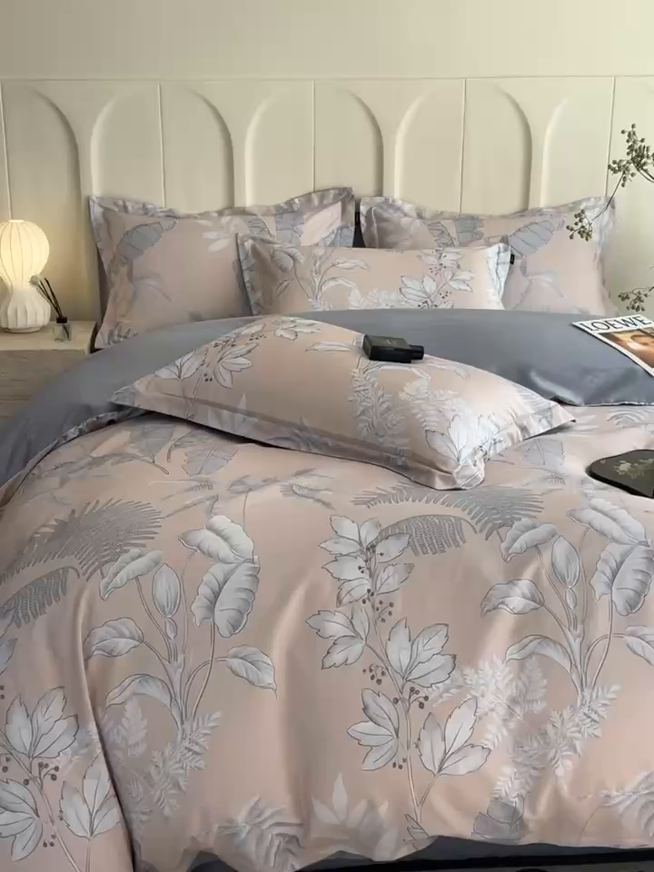 91家纺网 家纺一手货源 找家纺 悦织湾家纺 2025爆款上新【全棉60S长绒棉】100%全棉60S长绒棉四件套纯棉印花床上用品34件套轻奢北欧公主风 风华枝叶-咖