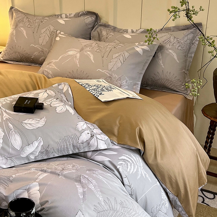91家纺网 家纺一手货源 找家纺 悦织湾家纺 2025爆款上新【全棉60S长绒棉】100%全棉60S长绒棉四件套纯棉印花床上用品34件套轻奢北欧公主风 风华枝叶-灰