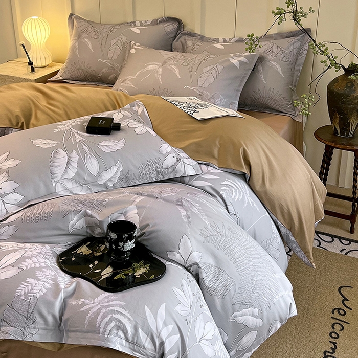 91家纺网 家纺一手货源 找家纺 悦织湾家纺 2025爆款上新【全棉60S长绒棉】100%全棉60S长绒棉四件套纯棉印花床上用品34件套轻奢北欧公主风 风华枝叶-灰