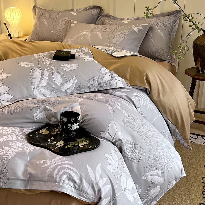 91家纺网 家纺一手货源 找家纺 悦织湾家纺 2025爆款上新【全棉60S长绒棉】100%全棉60S长绒棉四件套纯棉印花床上用品34件套轻奢北欧公主风 风华枝叶-灰