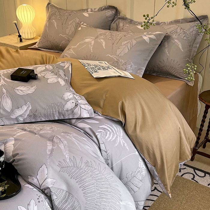 91家纺网 家纺一手货源 找家纺 悦织湾家纺 2025爆款上新【全棉60S长绒棉】100%全棉60S长绒棉四件套纯棉印花床上用品34件套轻奢北欧公主风 风华枝叶-灰