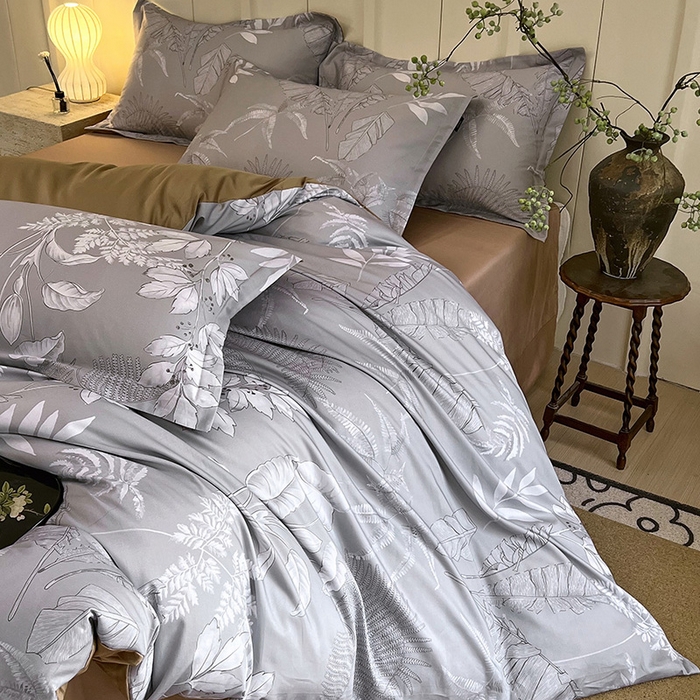 91家纺网 家纺一手货源 找家纺 悦织湾家纺 2025爆款上新【全棉60S长绒棉】100%全棉60S长绒棉四件套纯棉印花床上用品34件套轻奢北欧公主风 风华枝叶-灰