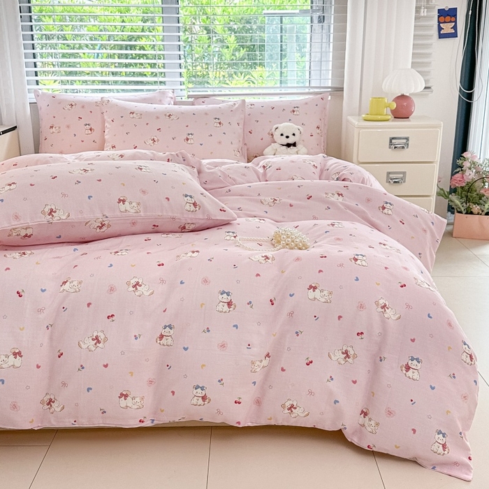 91家纺网 家纺一手货源 找家纺 芙绣家纺2025新款-A类全棉双层纱小清新印花单枕套学生单枕套 假日甜心猫-粉色