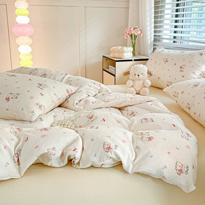 91家纺网 家纺一手货源 找家纺 芙绣家纺2025新款-A类全棉双层纱小清新印花单枕套学生单枕套 假日甜心猫-米白