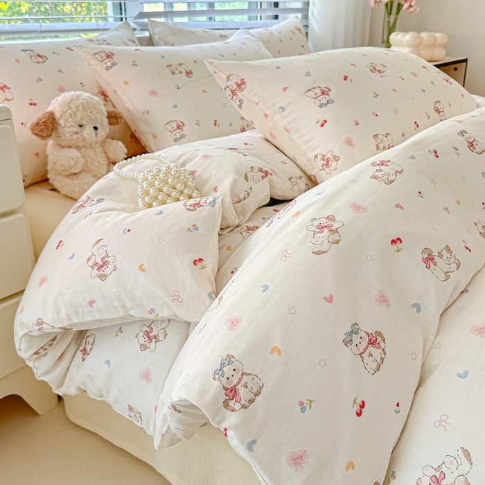 91家纺网 家纺一手货源 找家纺 芙绣家纺2025新款-A类全棉双层纱小清新印花单枕套学生单枕套 假日甜心猫-米白