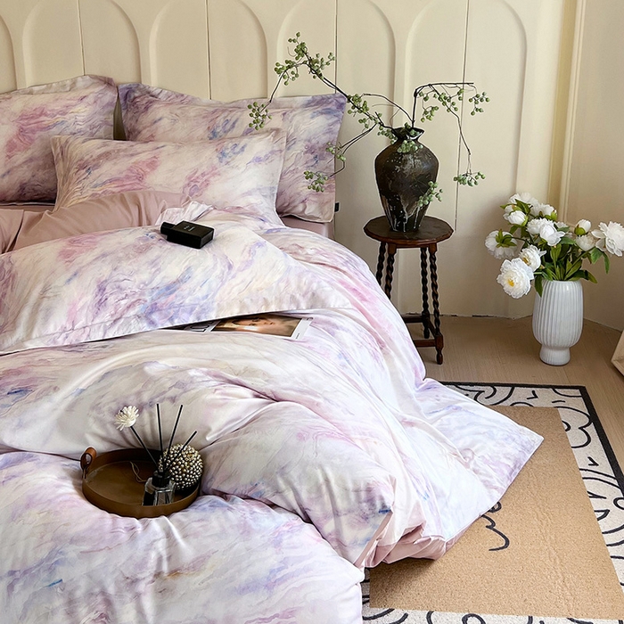 91家纺网 家纺一手货源 找家纺 悦织湾家纺 2025爆款上新【全棉60S长绒棉】100%全棉60S长绒棉四件套纯棉印花床上用品34件套轻奢北欧公主风 天空之境-粉